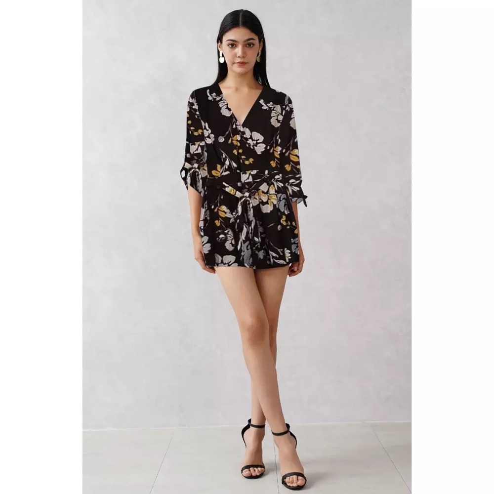 Yumi Kim Love Triangle Liz Romper Black and Floral Print Faux Wrap V Neck